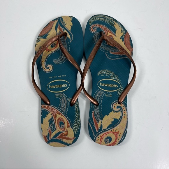 HAVAINAS teal and gold patterned flip flop 11/12 - Picture 7 of 7